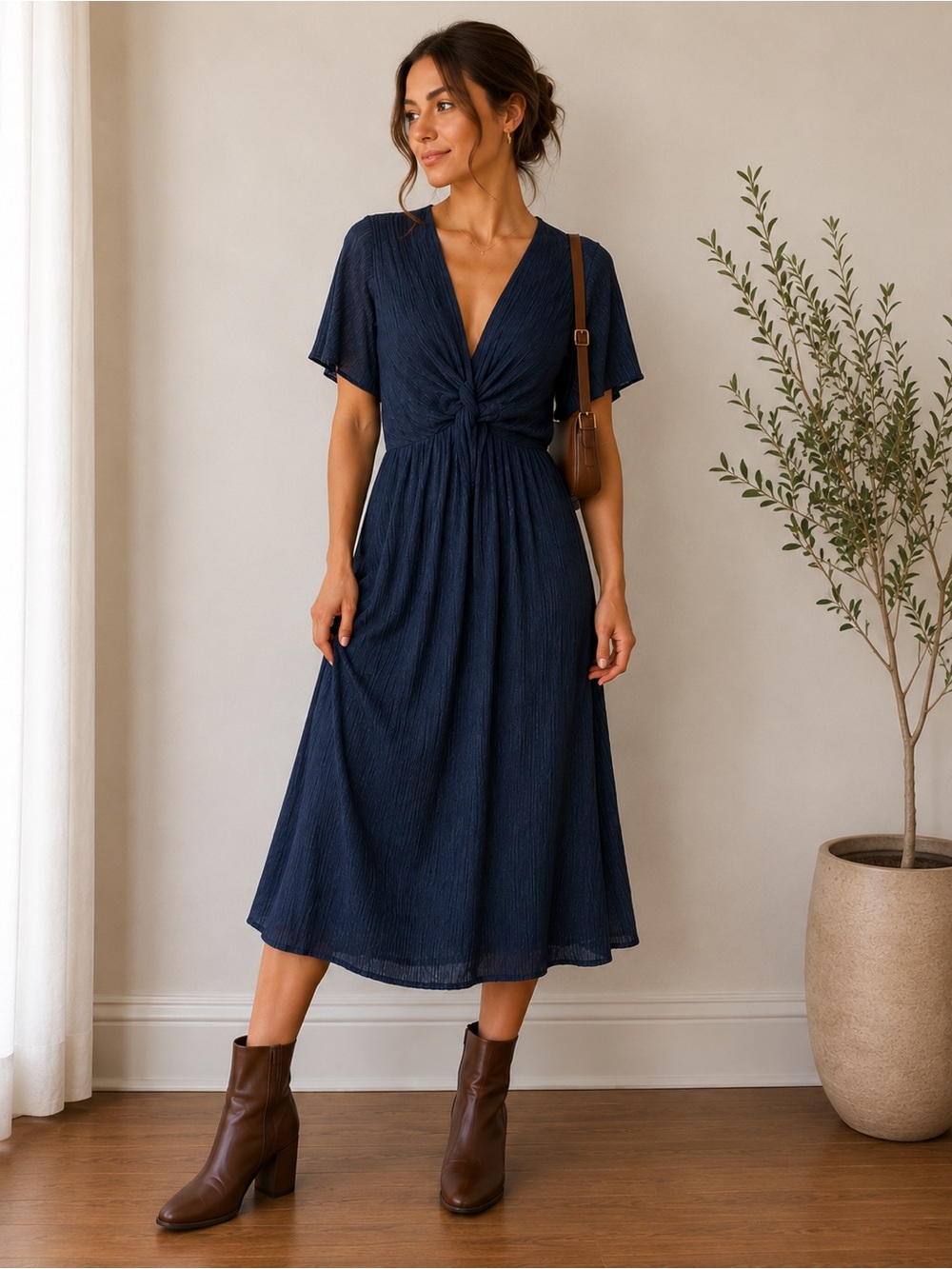 adidas Navy Twist-Knot V-Neck Midi Dress